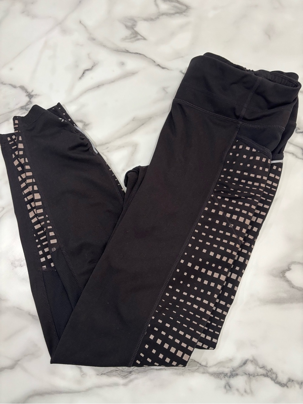 Athleta Black Leggings with Taupe Grid Side Panels
